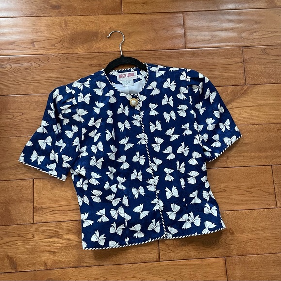 vintage 100% silk sweet bow-printed blouse - Picture 3 of 5